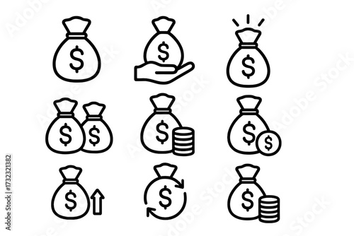 Money bag line icon set. Vector collection of finance and business symbols. Includes cash, payment, investment, savings, income growth, and profit concepts for web and apps.