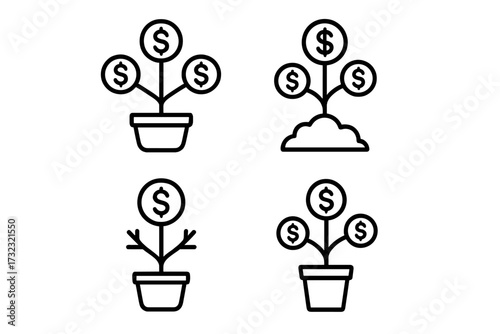 Money tree icon set. Vector line icons for finance, investment, and wealth growth. Editable stroke symbols for business profit, savings, and economic success concept.
