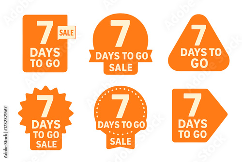 Seven days to go countdown timer collection. Sale promotion badges and sticker set for web banner. Vector illustration with limited offer labels. Last chance marketing elements.