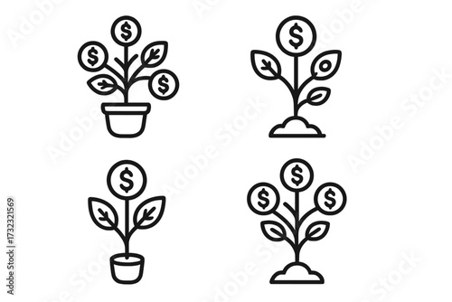 Money tree icon set. Financial growth and investment concept. Savings, profit and success metaphor. Business and finance symbol. Growing wealth plant. Dollar editable stroke.