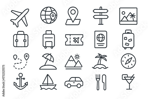 Travel icon collection. Holiday and vacation symbols. Outline web icons. Transport, luggage, navigation, food. Line art pictograms. Airplane, passport, map, compass, beach. Vector set.