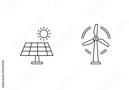 Solar panel near a sun icon and a wind turbine with motion lines both in a minimalist style