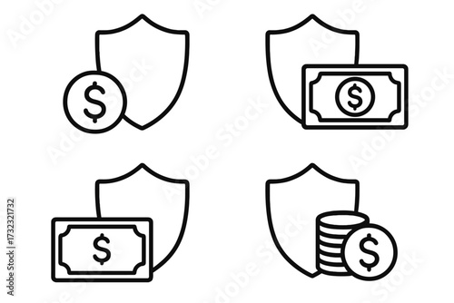 Money protection shield icon set. Financial security and insurance concept. Safe payment, investment guarantee, savings protection. Vector outline symbols for finance business.