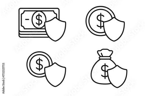 Money protection icon set. Financial security and insurance concept. Secure payment and savings safety. Dollar sign with shield. Banknote, coin, and money bag symbols.