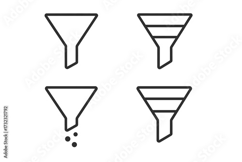 Funnel icon set for marketing and sales. Vector line art of conversion, lead generation, and data filtering process. Minimalist symbols for business infographics and presentations.