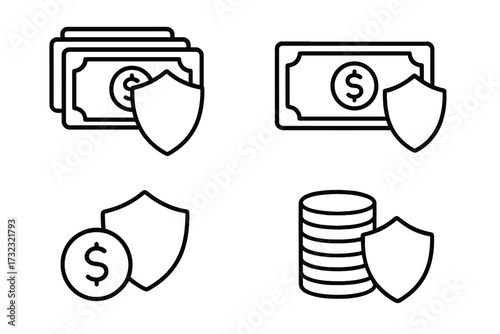 Money protection icon set. Financial security and insurance concept. Secure payment, safe investment, and savings. Cash, dollar bill, and coins with a shield symbol.