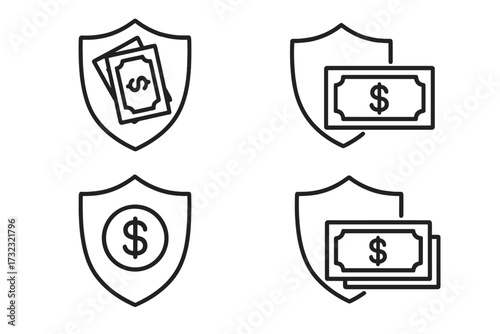 Money protection icon set. Financial security and insurance concept. Line art illustration of shield with dollar banknotes for safe payment, investment, and savings guarantee.
