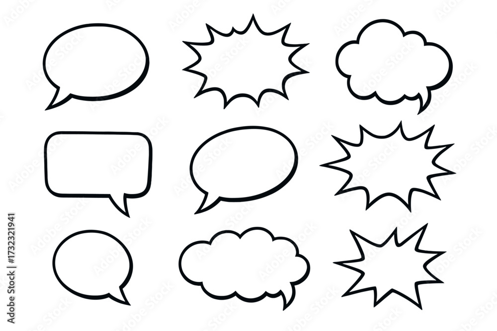 Fototapeta premium Vector set of blank speech bubbles and thought balloons in a retro comic book style. Empty dialog pop art elements for chat, messages, discussion, thinking, or shouting.