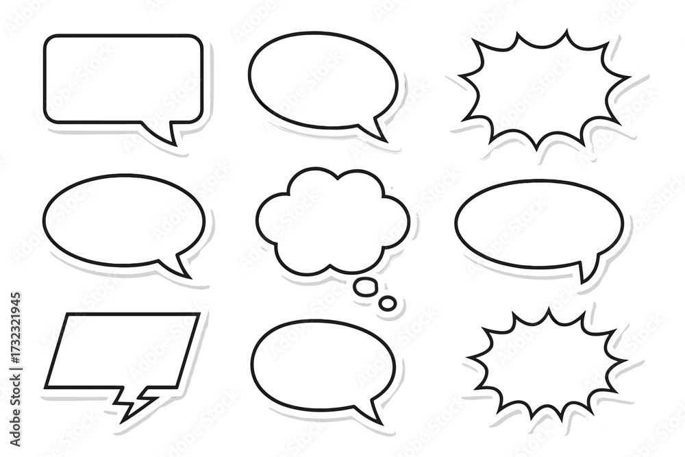Fototapeta premium Vector set of blank speech bubble stickers. Empty comic dialogue balloons, thought clouds, and shout bubbles. Retro pop art design elements for chat, messages, and communication.