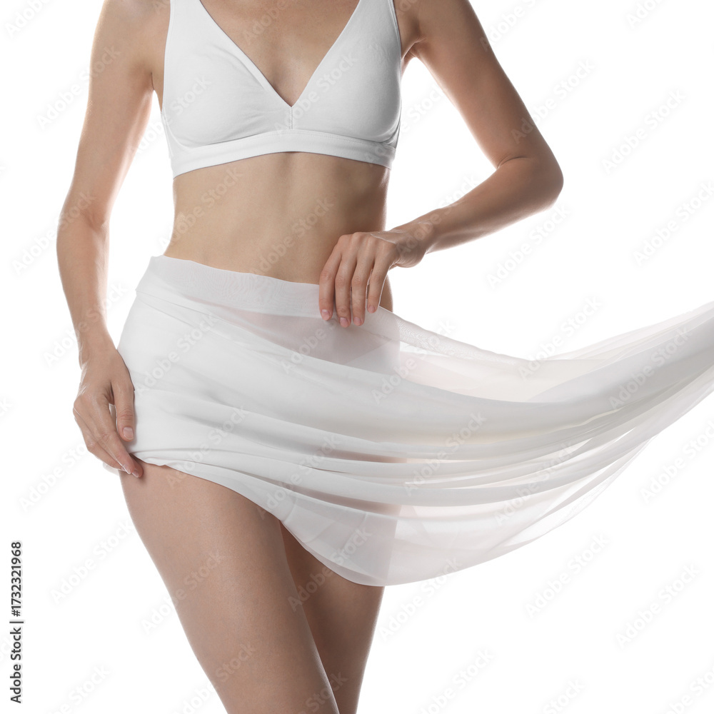 Fototapeta premium Woman covering her slim body with silk fabric on white background, closeup