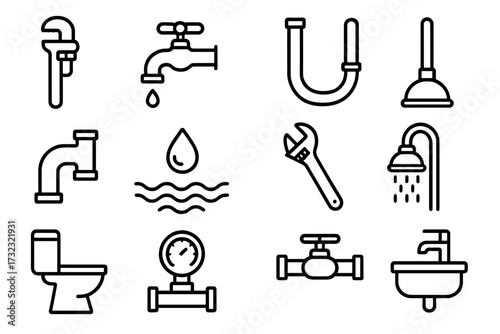 Plumbing service line icon set. Plumber tool and equipment collection. Vector outline symbols. Water pipe repair, drain, toilet, sink, faucet, shower, valve, wrench, plunger.
