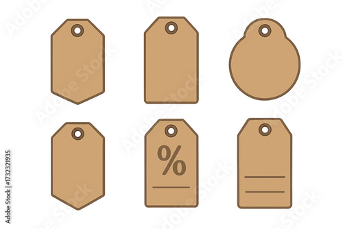 Collection of vintage style sale tags and labels. Vector template for shopping, discount and price tags on craft paper. Special offer, promotion, and retail element set.