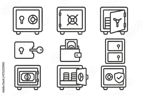 Safe deposit box icon collection. Financial security, money protection, and bank savings concepts. Vector line icons of vault, wallet, cash, coins, and key. Editable stroke.