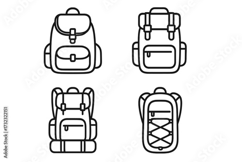 Backpack line icon collection. Hiking, trekking, and camping rucksack vector set. Outdoor adventure and travel equipment symbols. Knapsack outline illustration for tourism.