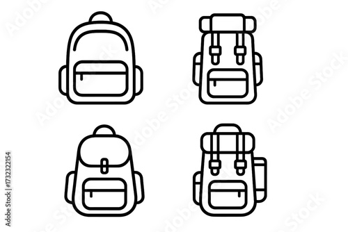 Schoolbag and hiking backpack line icon set. Rucksack vector collection for travel, trekking, and adventure. Simple outline camping equipment and baggage symbols for tourism.