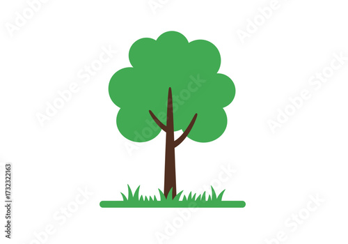 A cartoonstyle tree with a brown trunk and green leaves set on a grassy patch