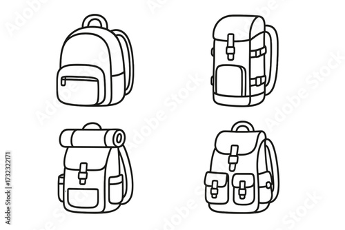 Backpack line icon set. Rucksack, schoolbag, and hiking bag collection. Vector outline illustration for travel, tourism, camping, and adventure concepts. Editable stroke.