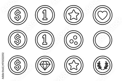 Set of game coins and money line icons. Vector illustration of dollar, star, heart, and diamond for rewards, currency, points, score, value, and achievement. Editable stroke.