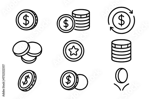 Coin line icon set. Finance, currency, and money symbols. Vector dollar sign, coin stack, cashback, reward bonus, payment, and savings icons. Editable stroke pictogram collection.