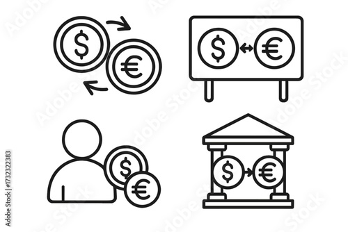Currency exchange line icon set. Dollar and Euro money transfer, international payment, bank transaction, forex trading concepts. Simple outline vector with editable stroke.