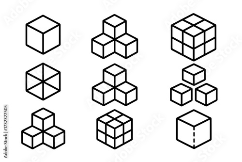Isometric cubes line icon collection. 3D block and cube outline signs. Geometric symbol set with editable stroke. Abstract vector shapes for infographics, data, and logo.