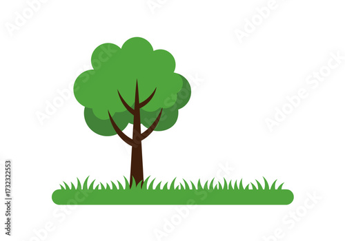 A simplistic cartoonstyle tree with green foliage and a brown trunk standing on a patch of green grass