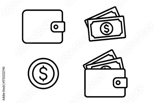 Money and finance line icon set. Vector collection of wallet, cash, coin, and dollar symbols. Simple outline icons for business, payment, and banking concepts. Editable stroke.