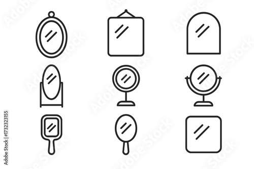 Mirror collection of thin line icons. Vector set with hand mirror, wall mirror, and vanity. Concept for reflection, beauty, decor, and furniture. Editable stroke pictogram.