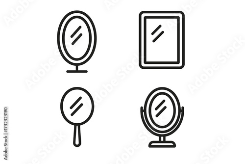 Mirror line icon set for UI and web design. Hand, vanity, and wall mirrors. Simple outline symbols for beauty, makeup, and self-care. Editable stroke vector pictogram collection.