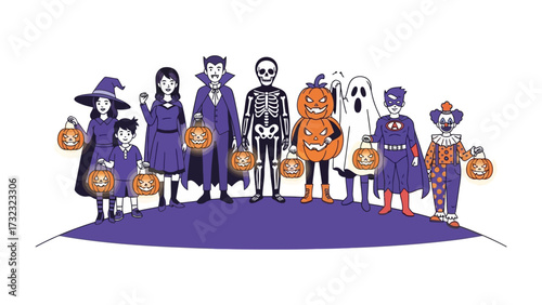 Halloween Ensemble: A whimsical group of costumed figures, including a witch, vampire, skeleton and other creatures of the night, stand shoulder to shoulder against a backdrop of autumnal charm.