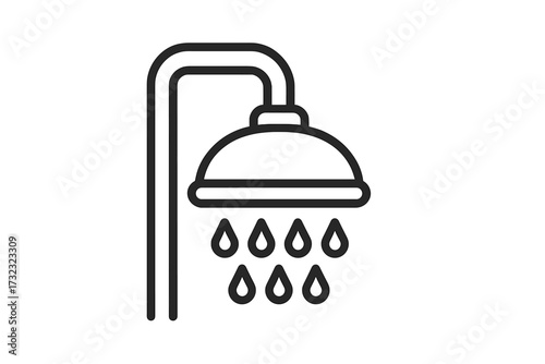Shower icon with water drops symbol, bathroom hygiene concept, vector line art illustration, modern clean design, personal care, fresh water flow, plumbing, bath time essentials