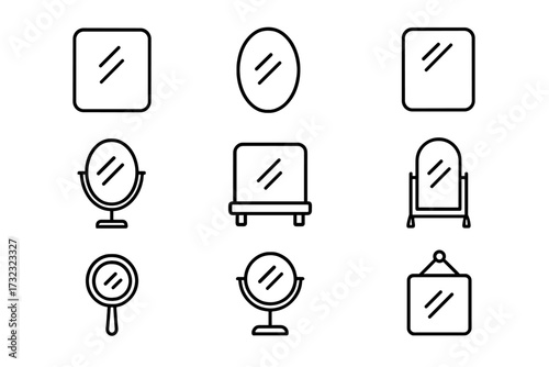 Mirror icons set, simple line art collection with editable stroke, isolated black strokes vector illustration for web, apps, books, cards, transparent background design