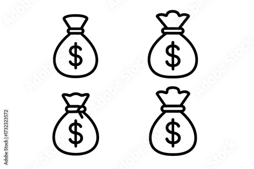 Money bag simple icon collection with editable stroke for infographics, articles, books, flyers, banners, black outline style, cartoon vector illustration set