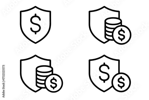 Money and Security Shield Icon Collection, Editable Outline Stroke Vector Set, Finance Protection Symbols for Infographics, Articles, Flyers, Banners, Business Concepts
