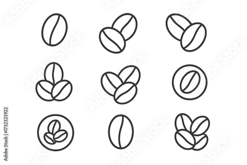 Set of Minimalistic Coffee Bean Line Icons, Editable Stroke, Linear Pictogram for Cards, Apps, Banners, Posts, Vector Illustration of Coffee Grains, Seamless Design Elements