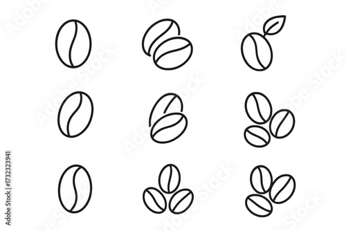 Minimalistic Line Icons of Coffee Beans Set, Editable Stroke Vector, Linear Coffee Grain Pictograms for Cards, Apps, Banners, Social Media Posts, Vector Illustration