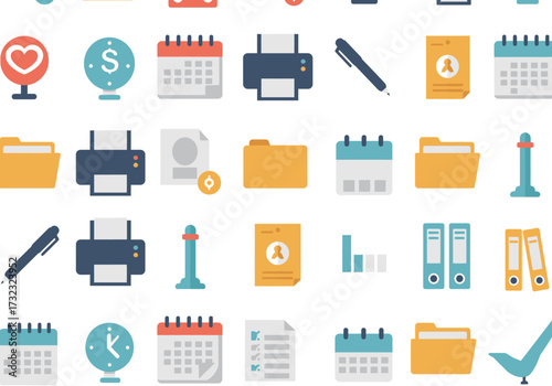 Icons of office stationery printer calendars folders pen binders graphs clock documents heart and checkmark