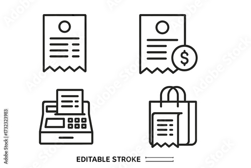 Minimalistic Linear Receipt and Payment Icons Set, Editable Stroke Vector Illustration for Financial, Shopping, Billing, POS, and Invoice Designs with Simple Outline Style