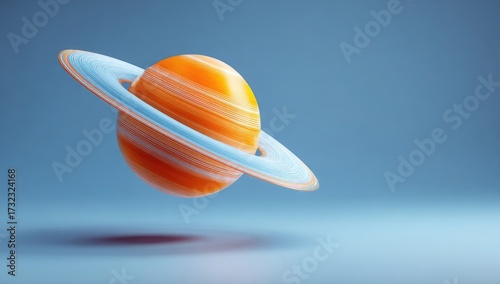3D rendering of a planet with rings, orange and blue color palette on a blue background