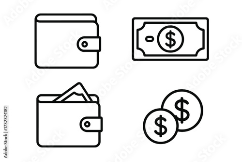 Wallet and Money Outline Icons Collection, Editable Stroke Vector Cartoon Illustration for Infographics, Articles, Books, Flyers, Banners, Finance and Payment Concepts