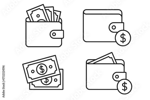 Wallet for money outline icon collection, editable stroke vector symbols with dollar bills, cash, finance and payment concepts, perfect for infographics, articles, banners, flyers, commerce