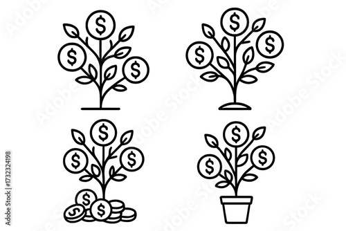 Money tree outline sign collection with dollar coins and plant elements, editable stroke vector set, perfect for finance infographics, articles, books, flyers, banners, and business themes