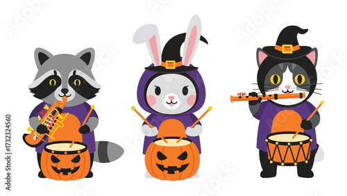 Halloween Band: A charming illustration of a raccoon playing the trumpet, a rabbit drumming, and a cat on a flute, all dressed in spooky Halloween costumes, performing musical ensemble!