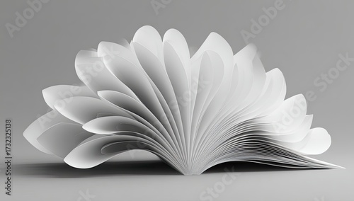 Abstract grayscale paper arrangement forming a flower-like design on a gray background