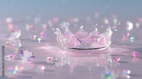 Crown Shaped Splash of Water with Pink Gemstones on a Reflective Surface in Soft Lighting