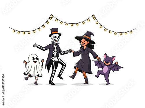 Spooky Celebration: A whimsical illustration showcases a jovial gathering of Halloween characters, dancing under a string of festive lights, each radiating a unique aura of merriment and fun.