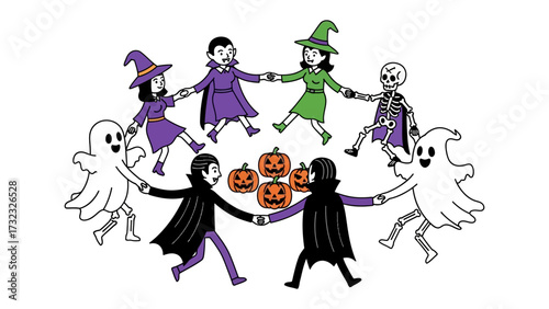 Halloween Circle of Joy: A merry circle of costumed characters, from witches to ghosts, and spooky vampires, joyfully joining hands.