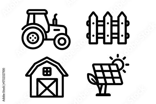 Agriculture icon set with tractor, barn, fence, and solar panel. Farming and agribusiness line icons for web and app design. Vector symbols of renewable energy in farming.