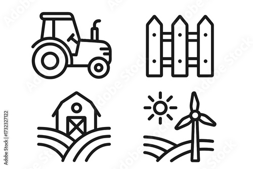 Agriculture line icon set with tractor, fence, barn, and wind turbine. Farming, cultivation, and renewable energy concepts. Vector symbols for organic farm and rural landscape.