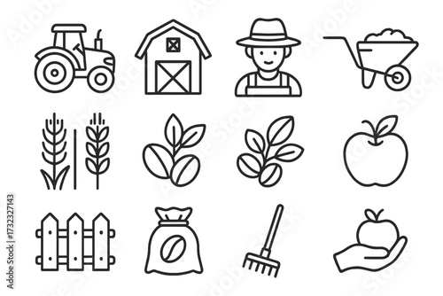Farm and agriculture line icon set. Farmer, tractor, barn, wheelbarrow, wheat, apple, coffee bean. Vector outline symbols for organic food and local produce business.